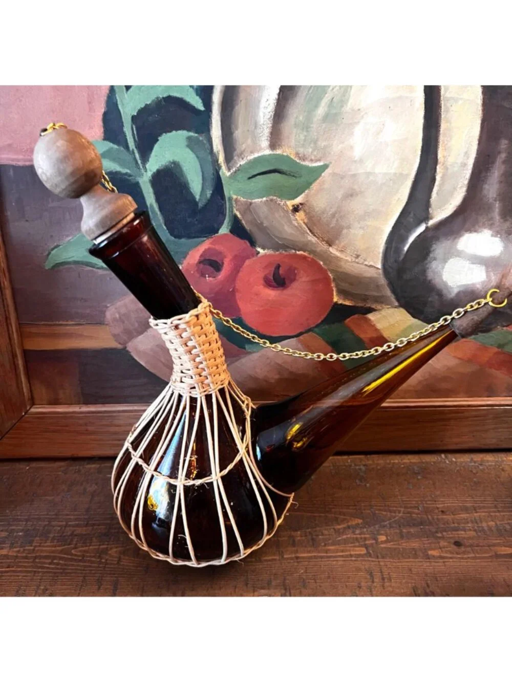 Vintage Spanish Amber Glass Wine Decanter With Rattan Wrap Cork And Cap